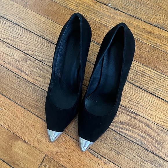 The Kooples Black Suede Stiletto Heels with Metallic Toe | Size 37